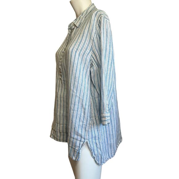 Pure Jill Love Linen White Blue Black Striped 1/2 Button Popover Tunic Top sz M - Picture 4 of 11